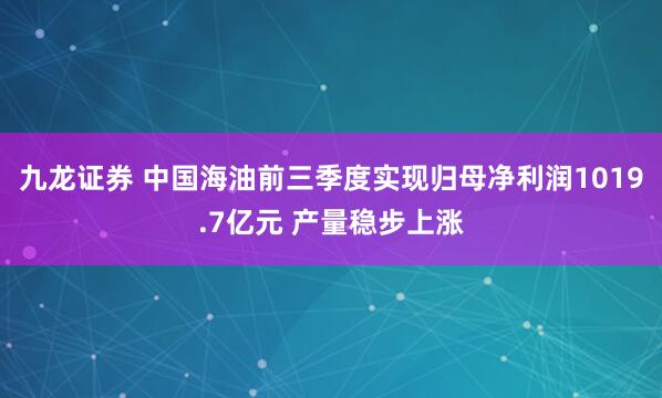 九龙证券 中国海油前三季度实现归母净利润1019.7亿元 产量稳步上涨